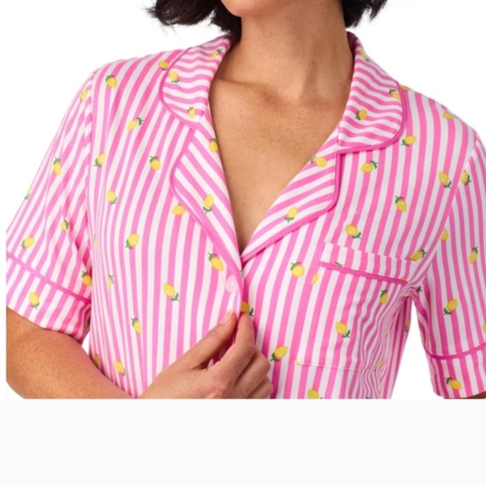 NWOT Women's Room Service Pink Lemonade Stripe Notch Collar Pajama Set Sz. Small - Picture 3 of 4